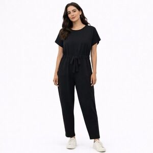 Piper & Scoot Bianca Cinch Jumpsuit Black Short Sleeve Knit Drawstring Waist Lg